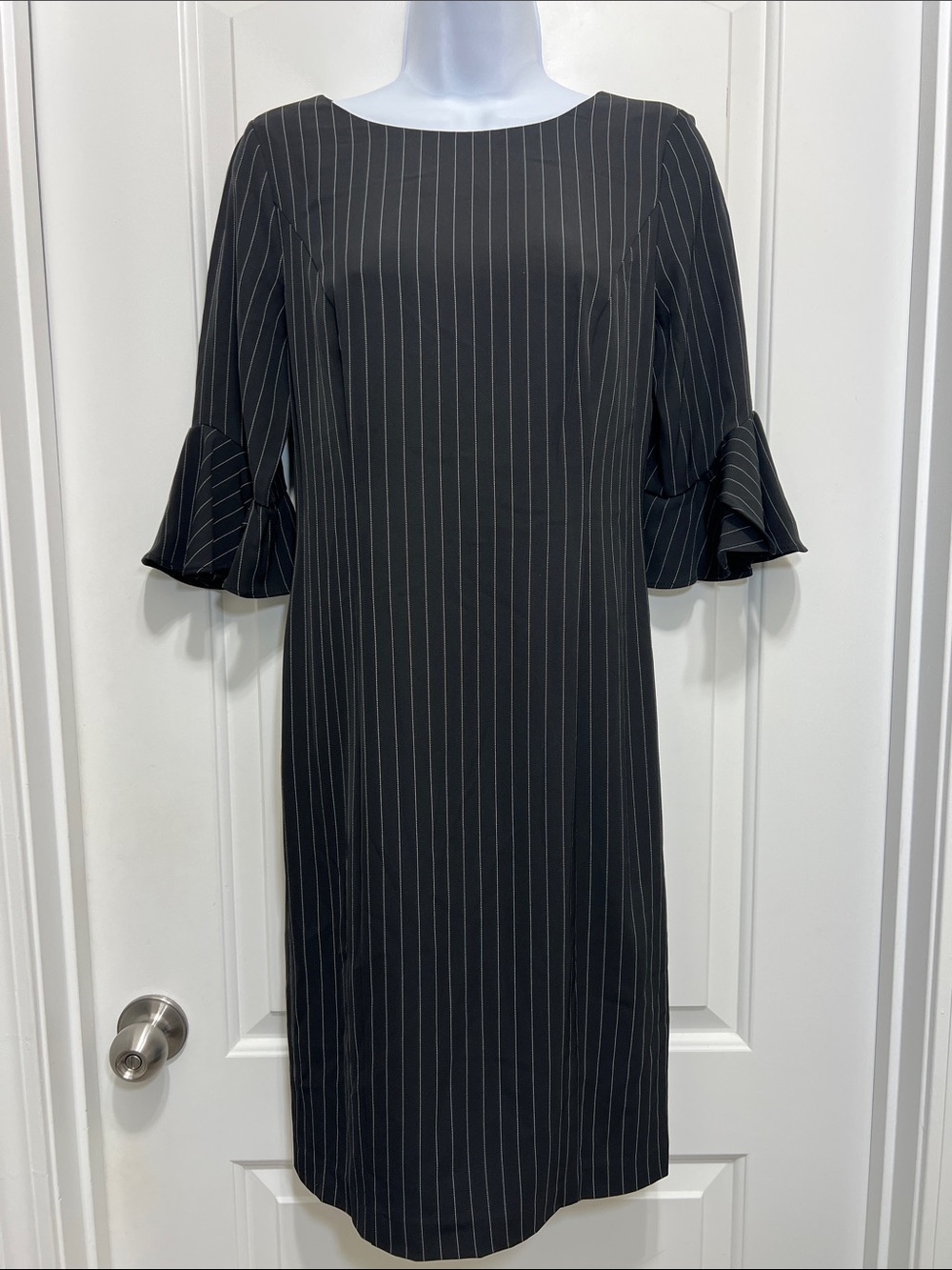 DKNY Black Pinstripe Midi Dress with Ruffle Sleeves